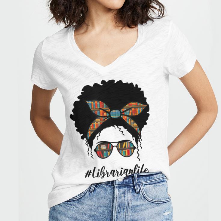 Librarian Teacher Messy Bun Life Book Library Back To School Women's Jersey Short Sleeve Deep V-Neck Tshirt