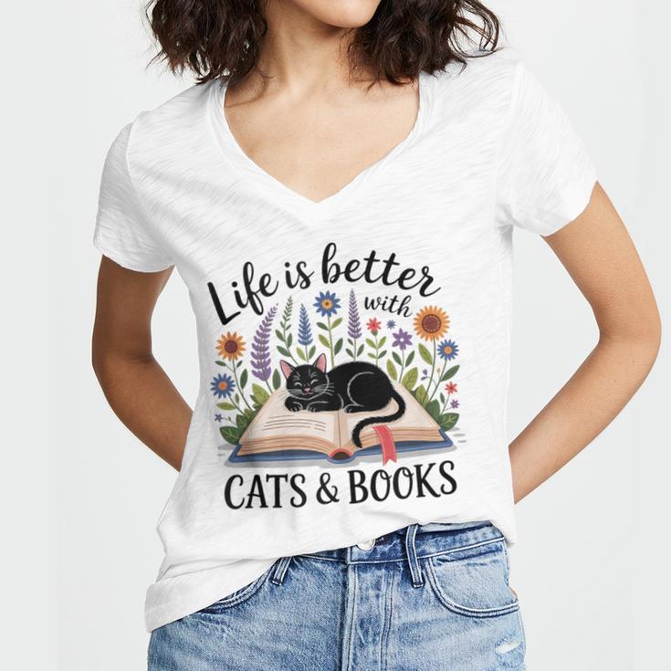 Life Is Better With Cats And Books Women's Jersey Short Sleeve Deep V-Neck Tshirt Life Is Better With Cats And Books Women's Jersey Short Sleeve Deep V-Neck Tshirt