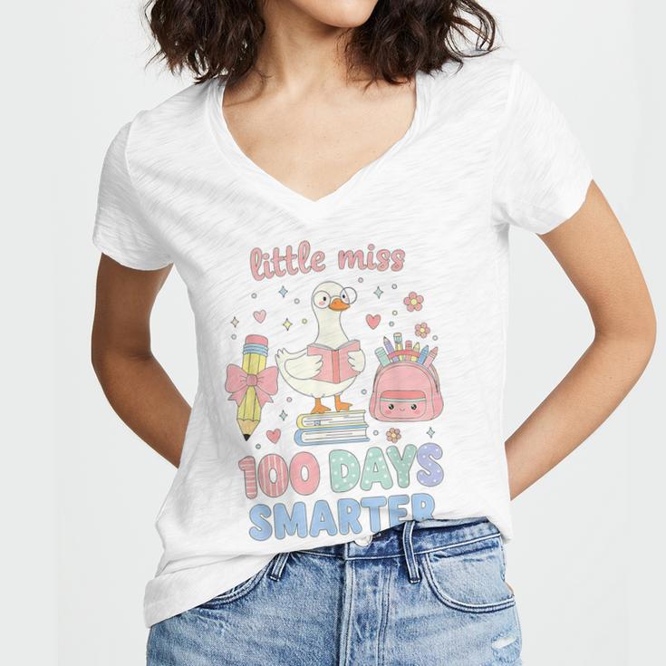 Little Miss 100 Days Smarter Cute Goose Reading Books Girls Women's Jersey Short Sleeve Deep V-Neck Tshirt