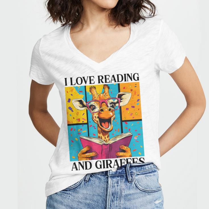 Love Reading And Giraffes Cute Giraffe Reading Book Lovers Women's Jersey Short Sleeve Deep V-Neck Tshirt Love Reading And Giraffes Cute Giraffe Reading Book Lovers Women's Jersey Short Sleeve Deep V-Neck Tshirt