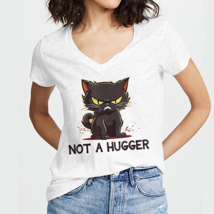 Not A Hugger Tee Angry Cat Sarcastic Cute Introvert Women's Jersey Short Sleeve Deep V-Neck Tshirt