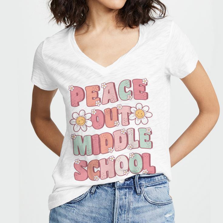 Peace Out Middle School Graduation Groovy Last Day Of School Women's Jersey Short Sleeve Deep V-Neck Tshirt