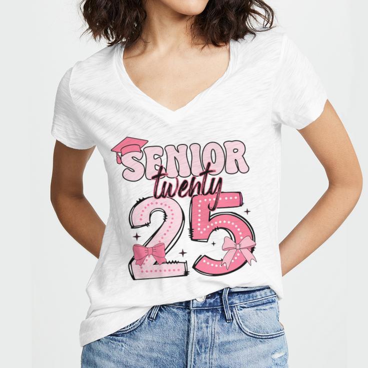 Pink Coquette Bow Senior 2025 Back To School Graduation Girl Women's Jersey Short Sleeve Deep V-Neck Tshirt