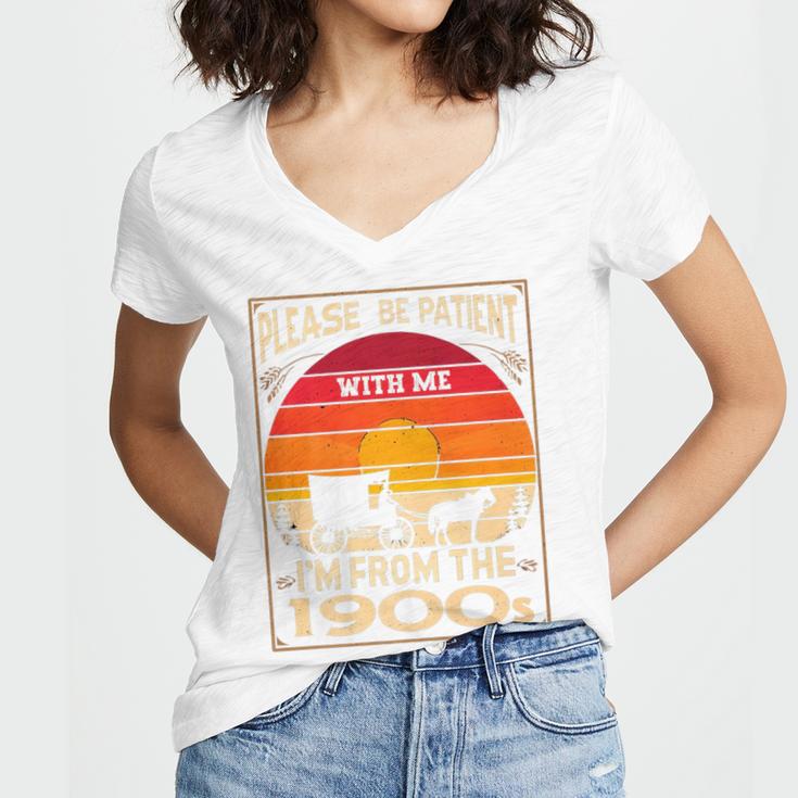 Please Be Patient I'm From The 1900s Sunset Vintage Wagon Premium Women's Jersey Short Sleeve Deep V-Neck Tshirt
