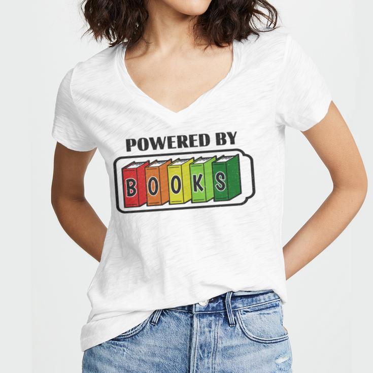 Powered By Books Bookworm Librarian Reading Women's Jersey Short Sleeve Deep V-Neck Tshirt