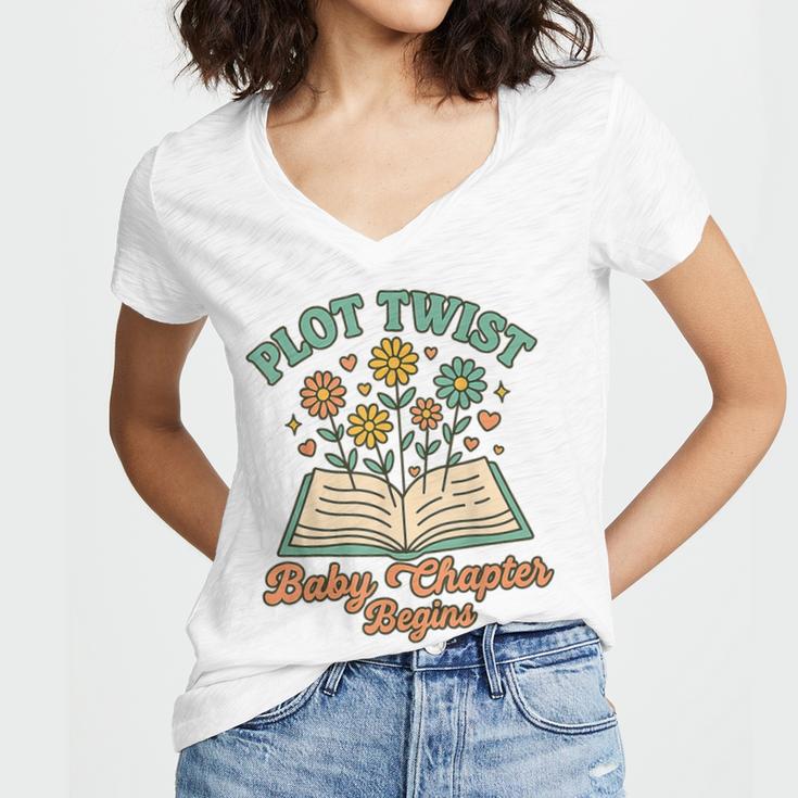Pregnancy Announcement Book Lover Reveal Pregnant Women's Jersey Short Sleeve Deep V-Neck Tshirt