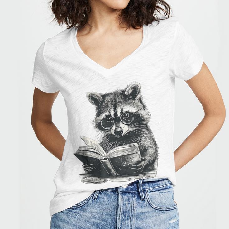 Raccoon With Book Cute Raccoons Reading Books Women's Jersey Short Sleeve Deep V-Neck Tshirt Raccoon With Book Cute Raccoons Reading Books Women's Jersey Short Sleeve Deep V-Neck Tshirt