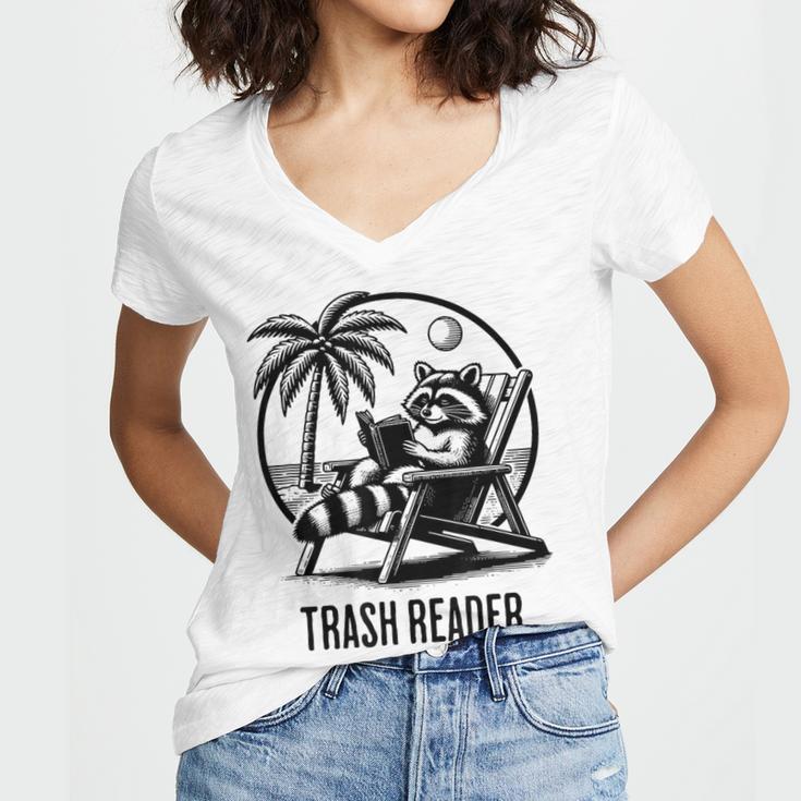 Raccoon Reading Books Summer Humor Trash Reader Women's Jersey Short Sleeve Deep V-Neck Tshirt