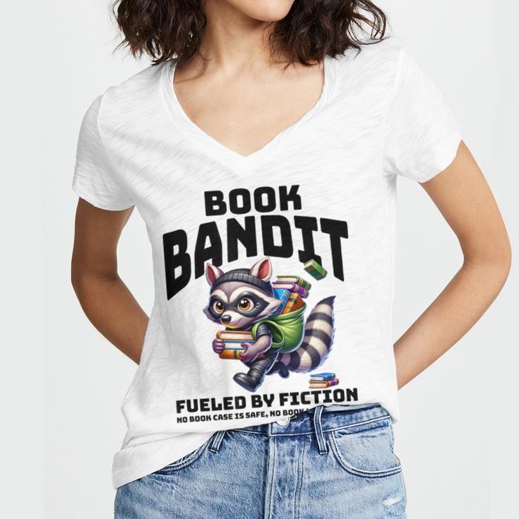 Racoon-Bookworm-Book Bandit-Fueled By Fiction Women's Jersey Short Sleeve Deep V-Neck Tshirt