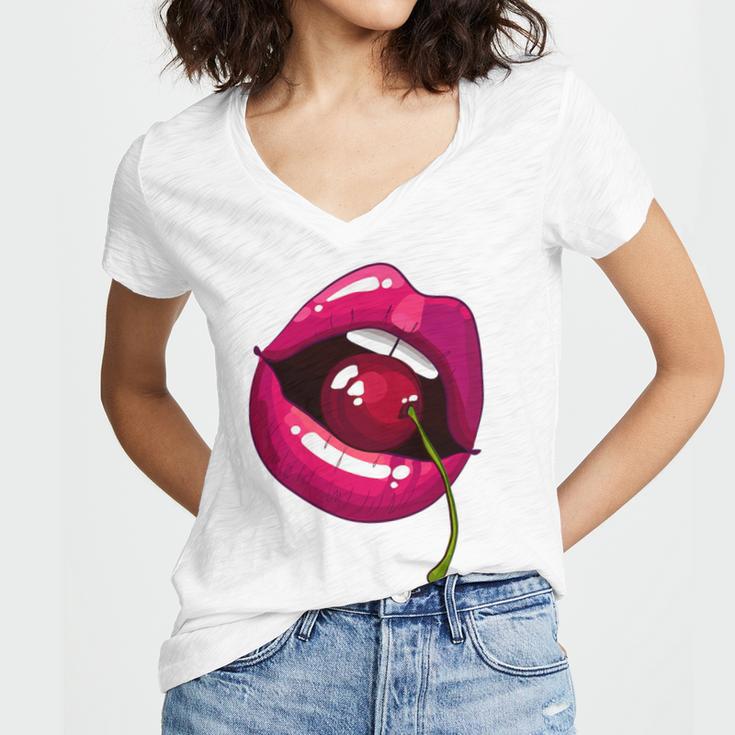Rainbow Lips With a Cherry In The Mouth 80s Nostalgia Premium Tri-Blend Women's Jersey Short Sleeve Deep V-Neck Tshirt