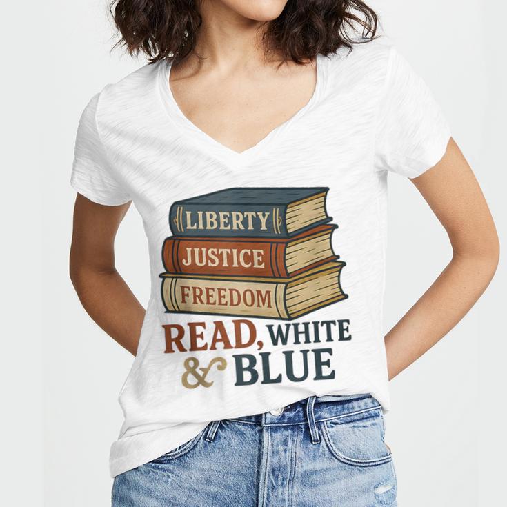 Read Blue Liberty Books July 4th Independence Women's Jersey Short Sleeve Deep V-Neck Tshirt