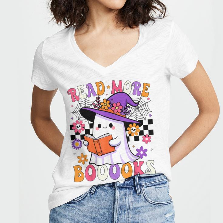 Read More Books Ghost Reading Book Teacher Halloween Women's Jersey Short Sleeve Deep V-Neck Tshirt