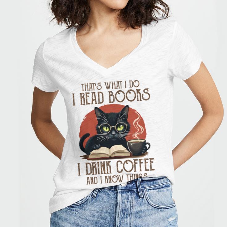 i Read Books And i Know Things Cat Reading Coffee Women's Jersey Short Sleeve Deep V-Neck Tshirt i Read Books And i Know Things Cat Reading Coffee Women's Jersey Short Sleeve Deep V-Neck Tshirt