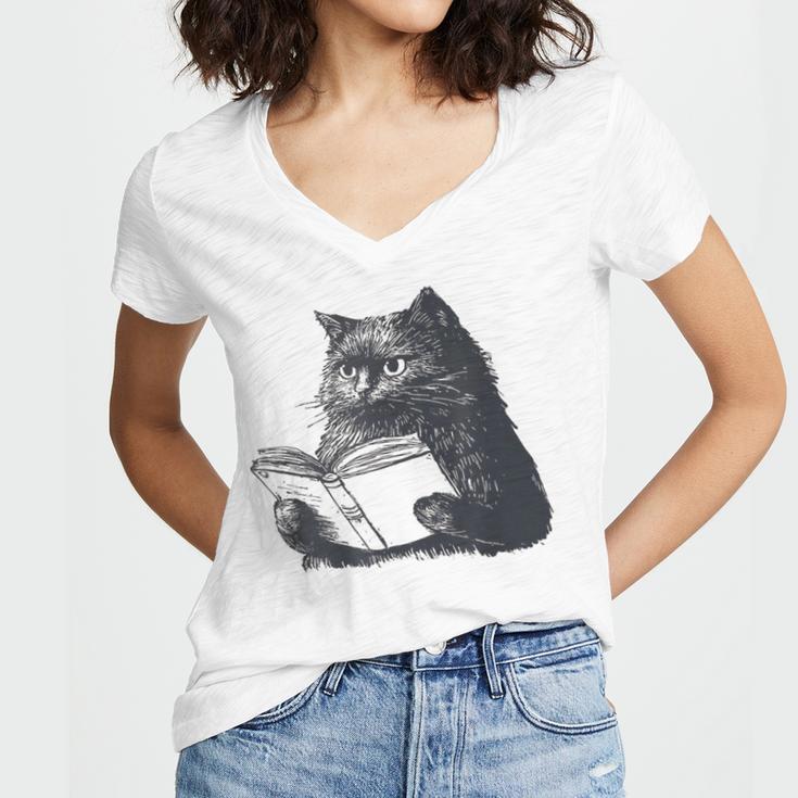 Reading Cat Cat Book Lover Women's Jersey Short Sleeve Deep V-Neck Tshirt Reading Cat Cat Book Lover Women's Jersey Short Sleeve Deep V-Neck Tshirt