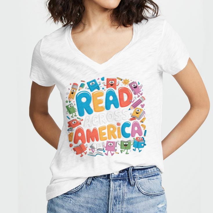 Reads Across Tee America Reading Teacher Books Reader Kids Women's Jersey Short Sleeve Deep V-Neck Tshirt