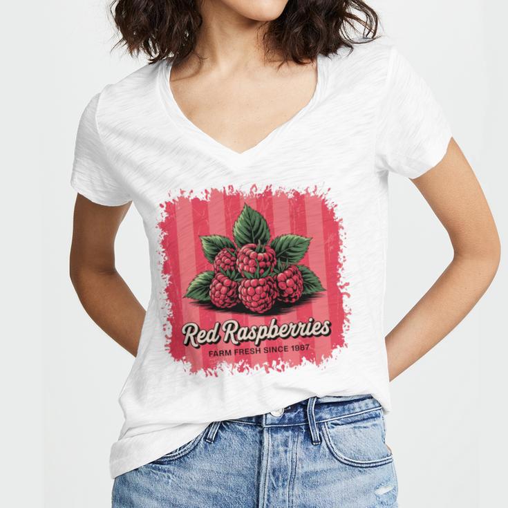Red Raspberries Farm Fresh Since 1987 Nostalgia Women's Jersey Short Sleeve Deep V-Neck Tshirt Red Raspberries Farm Fresh Since 1987 Nostalgia Women's Jersey Short Sleeve Deep V-Neck Tshirt