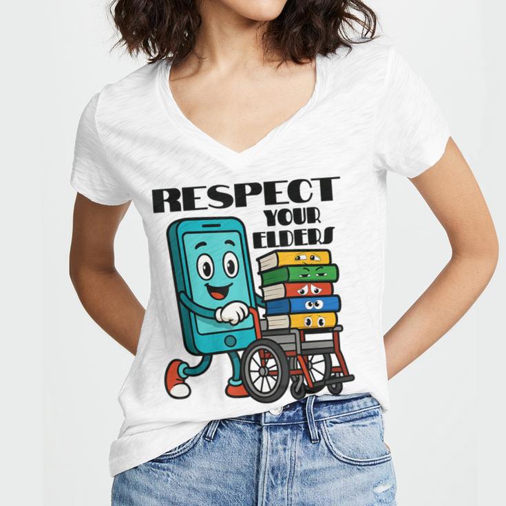 Respect Elders Cellphone Pushing Books In a Wheelchair Women's Jersey Short Sleeve Deep V-Neck Tshirt