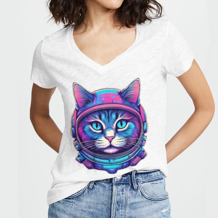 Retro 80s Cat In Space Suit Nostalgia Cat Vintage Astronaut Women's Jersey Short Sleeve Deep V-Neck Tshirt