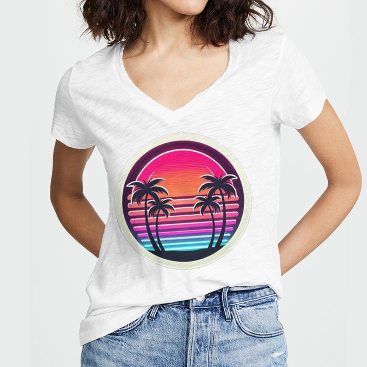 Retro 80s Synthwave Sunset & Palm Trees Retro Nostalgia 80s Women's Jersey Short Sleeve Deep V-Neck Tshirt Retro 80s Synthwave Sunset & Palm Trees Retro Nostalgia 80s Women's Jersey Short Sleeve Deep V-Neck Tshirt