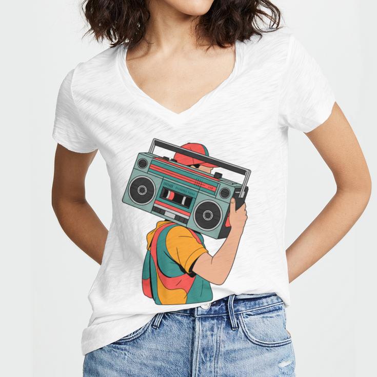 Retro 90s Boombox Nostalgia Party For Music Lovers Men Women Women's Jersey Short Sleeve Deep V-Neck Tshirt