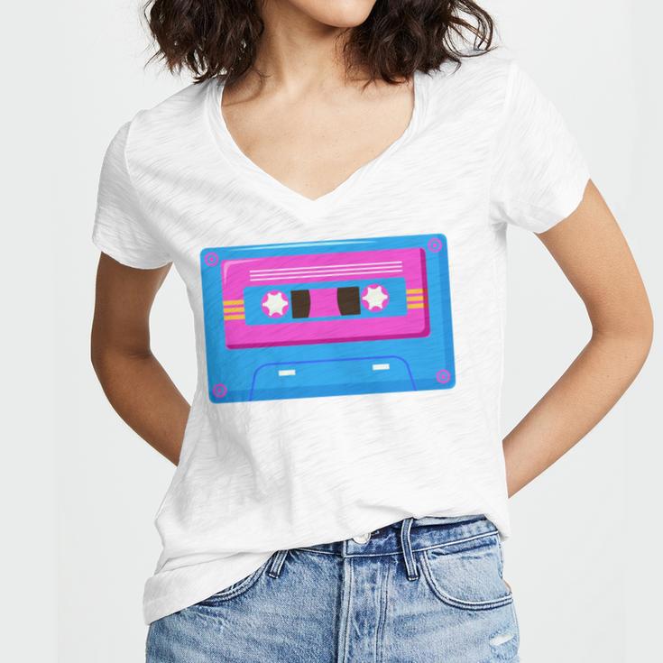 Retro Cassette Tape Tee 90s Nostalgia Aesthetic Women's Jersey Short Sleeve Deep V-Neck Tshirt