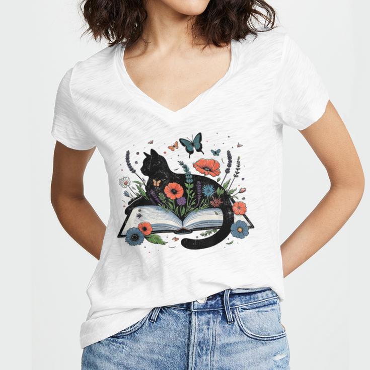 Retro Cute Cat Floral Book Librarian Vintage Floral Cat Book Women's Jersey Short Sleeve Deep V-Neck Tshirt