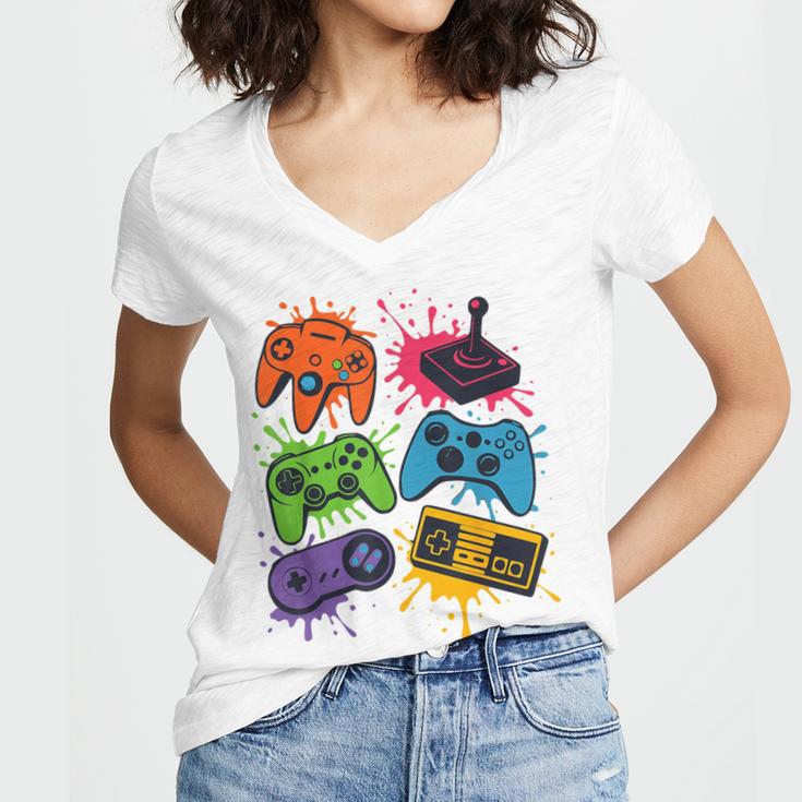 Retro Gamer Controller 80s 90s Video Game Arcade Nostalgia Women's Jersey Short Sleeve Deep V-Neck Tshirt