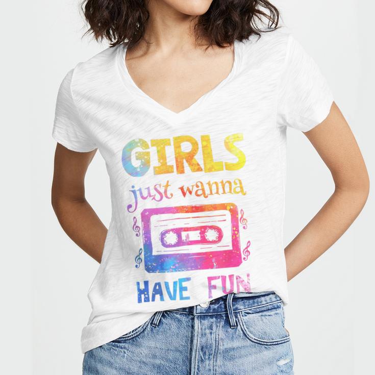 Retro Girls Just Wanna Have Fun Nostalgia 1980s 80's Premium Tri-Blend Women's Jersey Short Sleeve Deep V-Neck Tshirt