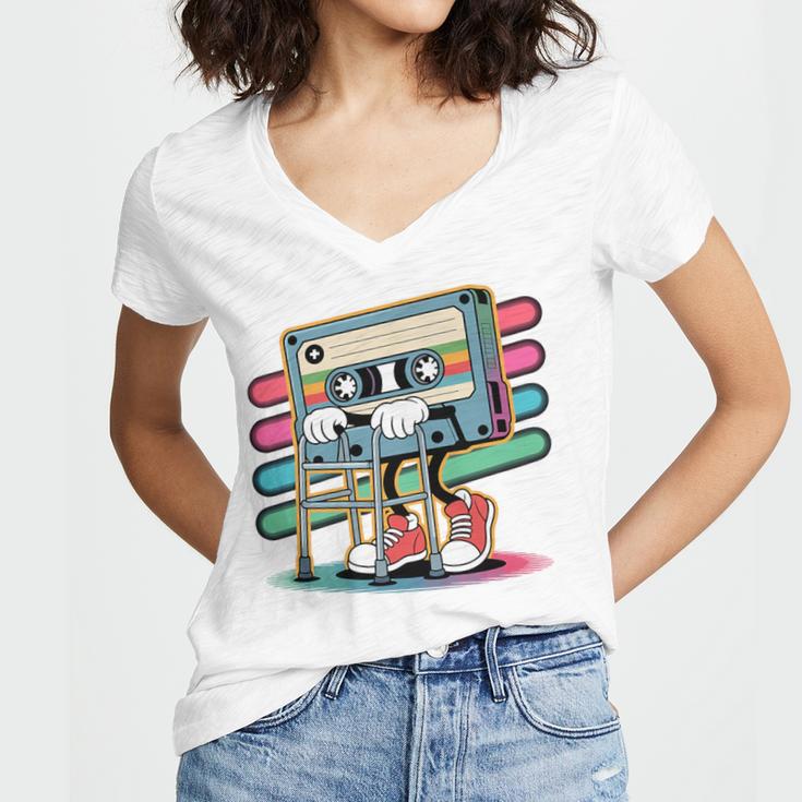 Retro Old Cassette Tape Cartoon With Walker Nostalgia Premium Tri-Blend Women's Jersey Short Sleeve Deep V-Neck Tshirt