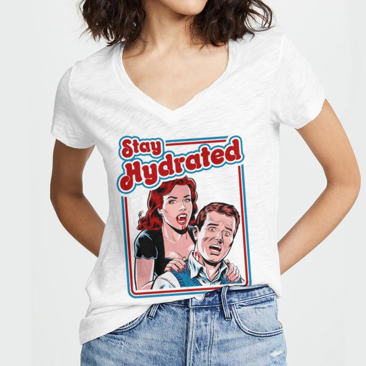 Retro Vampire Book Cover Style Stay Hydrated Halloween Women's Jersey Short Sleeve Deep V-Neck Tshirt