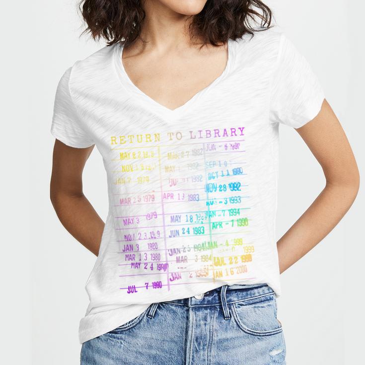 Return To Library Card Book Due Date Bookish Rainbow Reading Women's Jersey Short Sleeve Deep V-Neck Tshirt