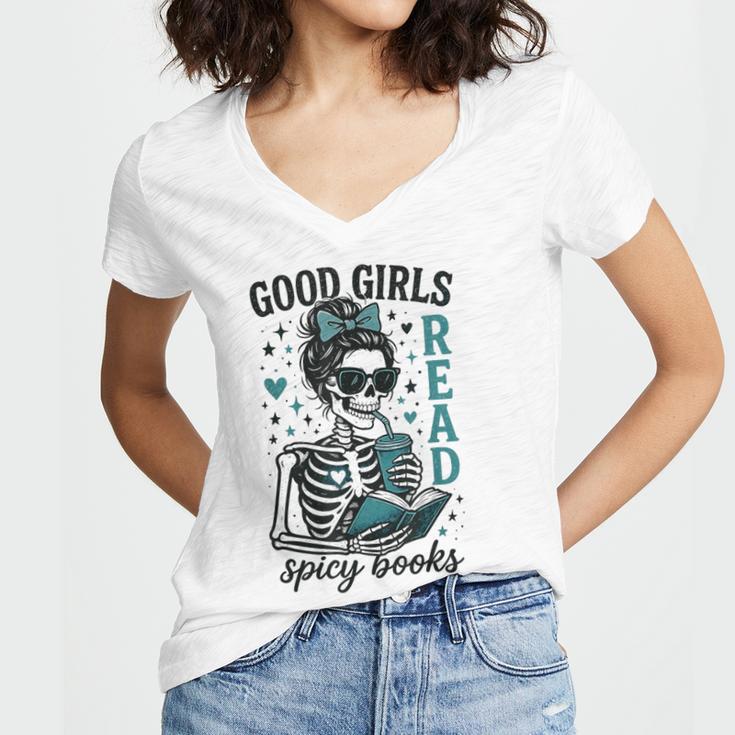 Romance Reader Good Girls Read Spicy Books Halloween Costume Women's Jersey Short Sleeve Deep V-Neck Tshirt Romance Reader Good Girls Read Spicy Books Halloween Costume Women's Jersey Short Sleeve Deep V-Neck Tshirt