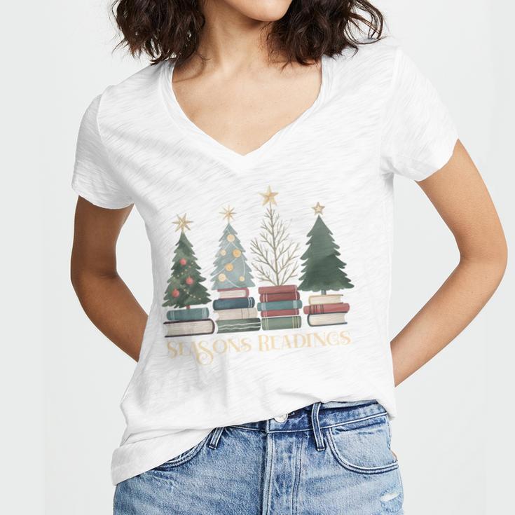 Seasons Readings Christmas Tree Book Lover Women's Jersey Short Sleeve Deep V-Neck Tshirt