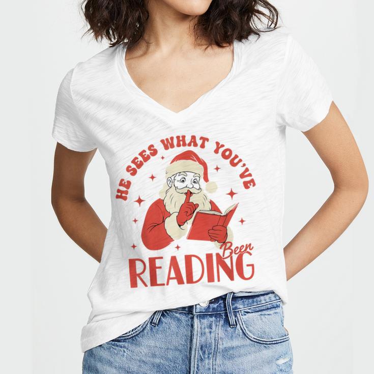 He Sees What You'Ve Been Reading Santa Book Women's Jersey Short Sleeve Deep V-Neck Tshirt