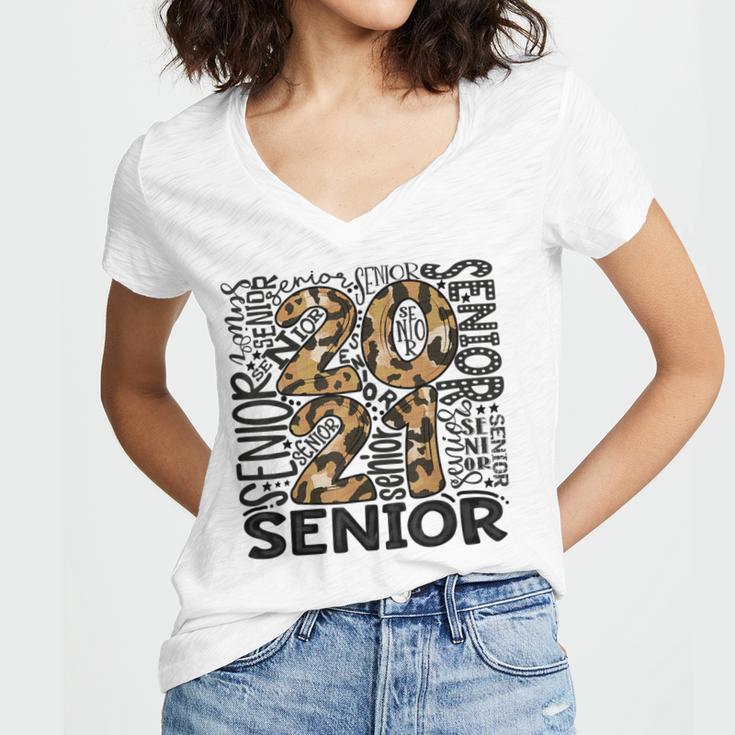Senior 2021 Grad Class Of 2021 Graduation Leopard Cheetah Women's Jersey Short Sleeve Deep V-Neck Tshirt