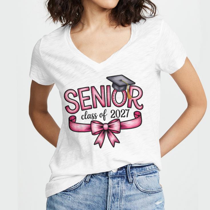 Senior Class Of 2027 Coquette Pink Bow Graduation 2027 Women Women's Jersey Short Sleeve Deep V-Neck Tshirt