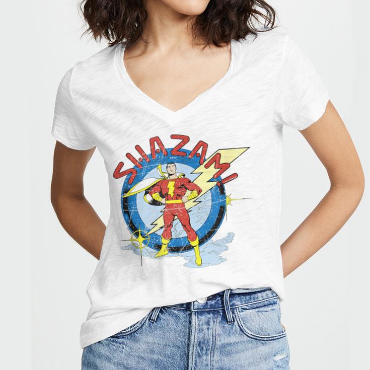 Shazam Comic Book Art Heroic Portrait Vintage Women's Jersey Short Sleeve Deep V-Neck Tshirt