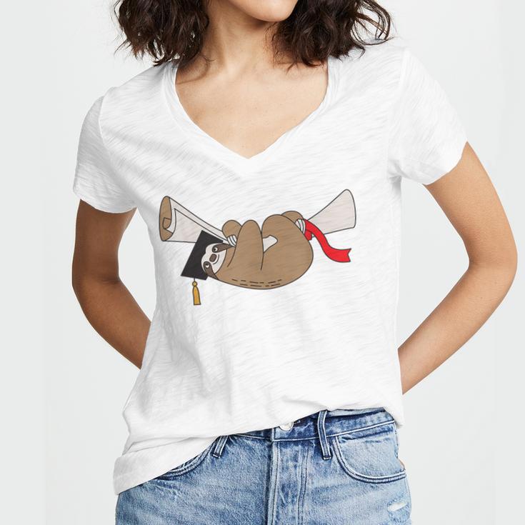 Sloth Graduation Shirt Cute Animal Diploma Grad Women's Jersey Short Sleeve Deep V-Neck Tshirt