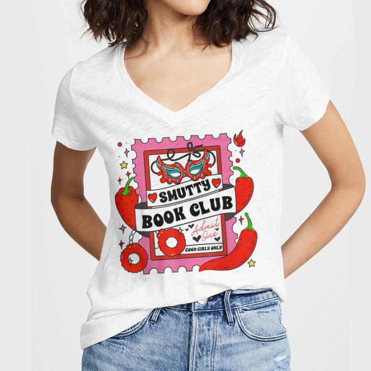 Smut Reader Smutty Vibes Spicy Romance Smutty Book Club Women's Jersey Short Sleeve Deep V-Neck Tshirt