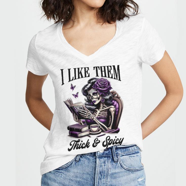 Smut Reader Spicy Book Romance I Like Them Thick & Spicy Women's Jersey Short Sleeve Deep V-Neck Tshirt