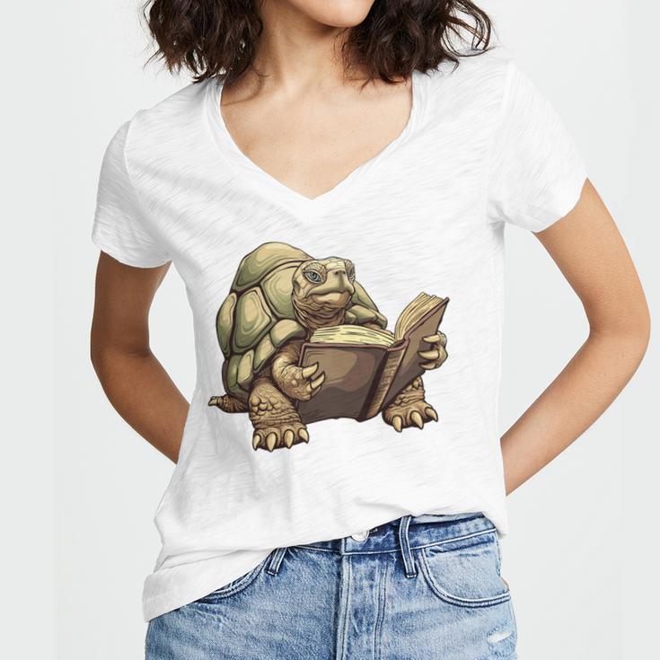 Sulcata Tortoise Reading A Book Women's Jersey Short Sleeve Deep V-Neck Tshirt Sulcata Tortoise Reading A Book Women's Jersey Short Sleeve Deep V-Neck Tshirt