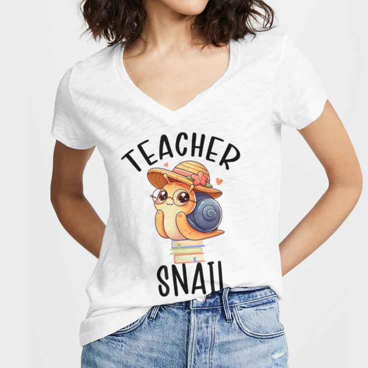 Teacher Snail With Glasses On Books Cute Pre-K Kindergarten Women's Jersey Short Sleeve Deep V-Neck Tshirt Teacher Snail With Glasses On Books Cute Pre-K Kindergarten Women's Jersey Short Sleeve Deep V-Neck Tshirt
