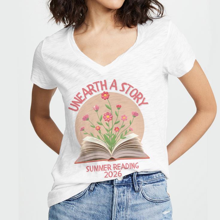 Unearth a Story 2026 Summer Reading Program Flowers Book Premium Tri-Blend Women's Jersey Short Sleeve Deep V-Neck Tshirt Unearth a Story 2026 Summer Reading Program Flowers Book Premium Tri-Blend Women's Jersey Short Sleeve Deep V-Neck Tshirt