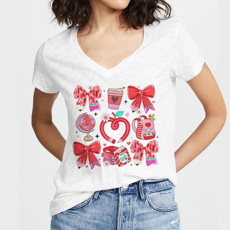 Valentine Teacher Coquette Bow Pencil Heart Book Girl Women Women's Jersey Short Sleeve Deep V-Neck Tshirt