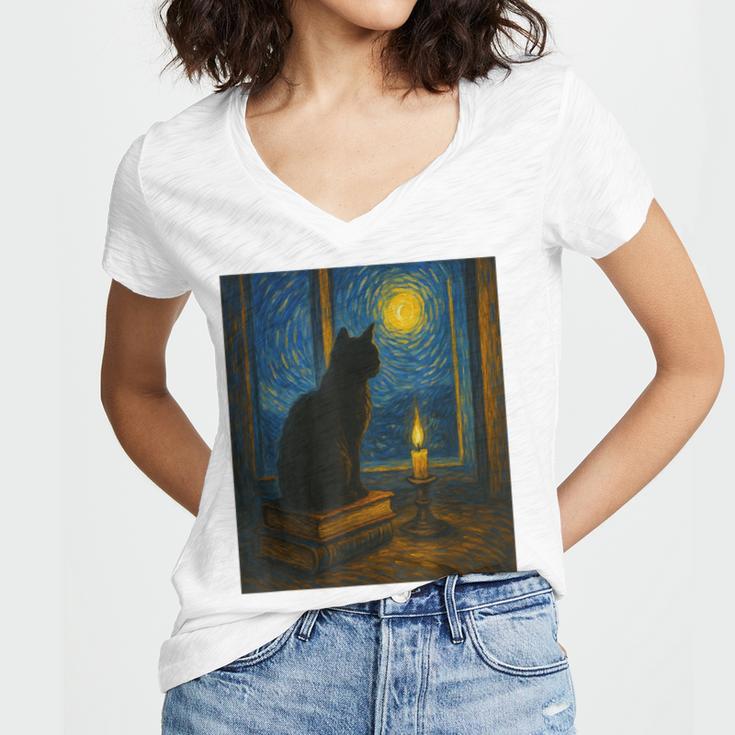 Van Gogh Starry Night Art Cat And Book Lovers Women's Jersey Short Sleeve Deep V-Neck Tshirt