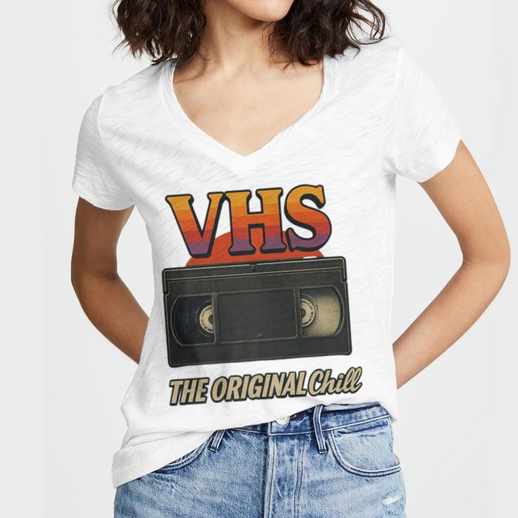 VHS Tape Nostalgia Old School Technology Humor Premium Women's Jersey Short Sleeve Deep V-Neck Tshirt