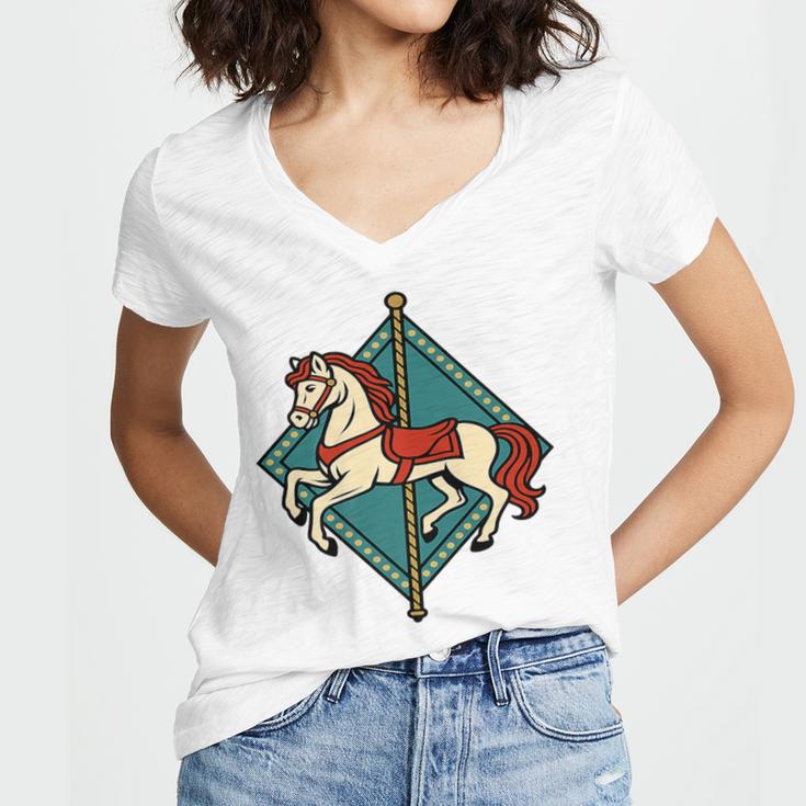 Vintage Carousel Horse Merry Go Round Nostalgia Art Premium Women's Jersey Short Sleeve Deep V-Neck Tshirt