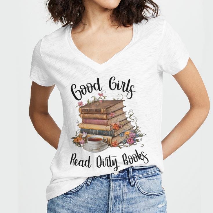 Vintage Fantasy Romance Lover Good Girls Read Dirty Books Women's Jersey Short Sleeve Deep V-Neck Tshirt Vintage Fantasy Romance Lover Good Girls Read Dirty Books Women's Jersey Short Sleeve Deep V-Neck Tshirt