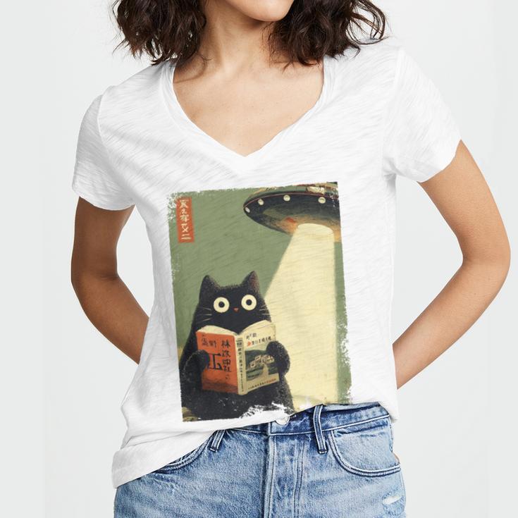 Vintage Japanese Cat Book Lovers UFO Alien Abduction Cat Dad Women's Jersey Short Sleeve Deep V-Neck Tshirt