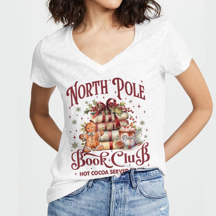 Vintage Retro North Pole Book Club Hot Cocoa Women's Jersey Short Sleeve Deep V-Neck Tshirt